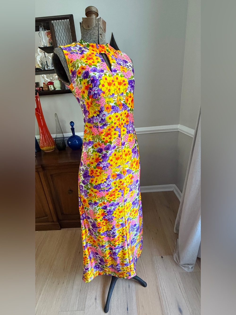 Vtg OOAK 60s/70s Mod Floral Daisy Day Glo Handmade Maxi Dress Sz Sm - Picture 12 of 13